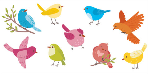 Set of cute little colorful cheerful flying birds. Cartoon bird in fly motion isolated on white background, happy garden movement little birdie vector illustrations