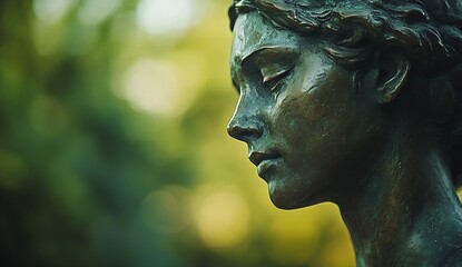Elegant bronze sculpture featuring a woman's profile with an emotional expression against a beautifully blurred background : Generative AI