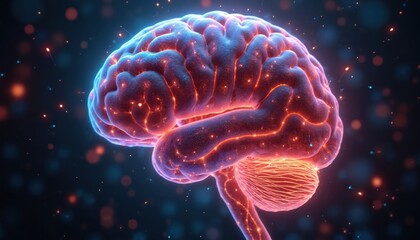 Digitally enhanced brain anatomy with highlighted neural pathways. Neuroscience concept visuals, medical illustration of cerebral activity, mental health, cognitive functions, memory, dementia