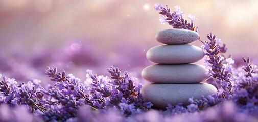 Obraz na płótnie Canvas Tranquil Lavender Flowers with Stacked Stones in Warm Sunset Glow : Generative AI
