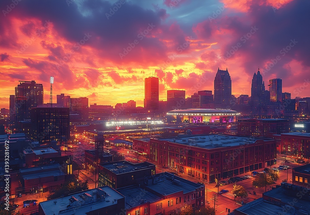 Poster dramatic sunset view of an urban skyline filled with colorful clouds and a modern stadium : generati