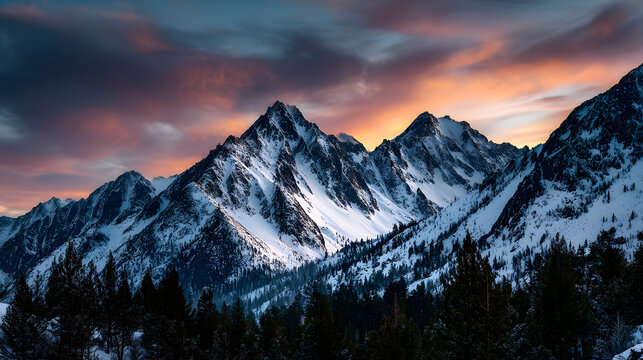 A panoramic view of the mountain range with the setting sun casting a warm pink and orange glow across the sky, reflecting on the snow-covered peaks.