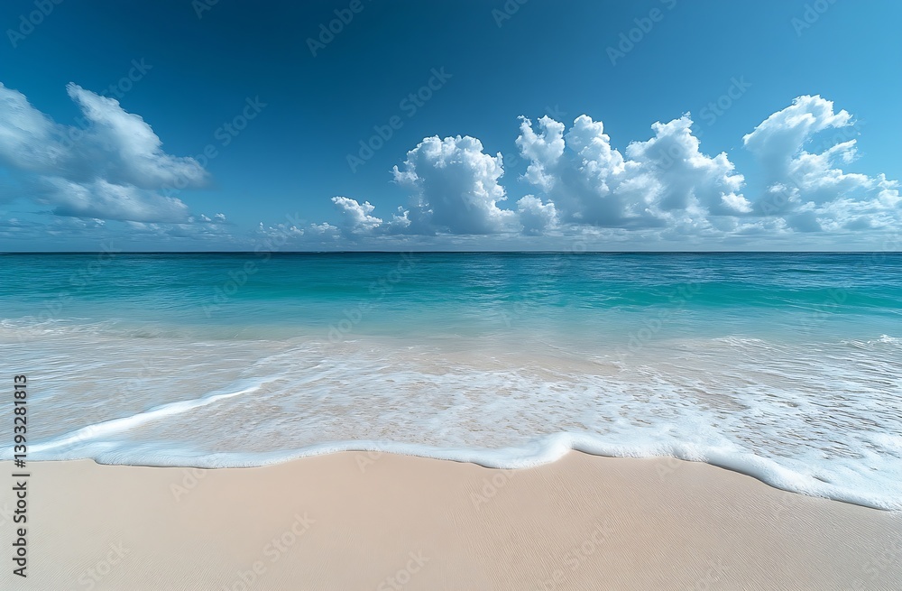 Poster idyllic beach scene with turquoise sea white sand and fluffy clouds on a sunny day : generative ai