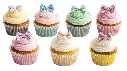 Cupcakes with Pastel Frosting and Bows, Variety Selection, cut out transparent