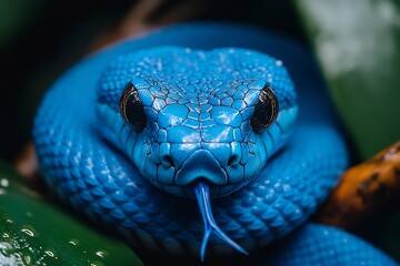 Fototapeta premium Stunning Blue Viper Portrait CloseUp Captivating Reptile Photography Amazing Detail Vibrant Color Scales Exotic Poisonous : Generative AI