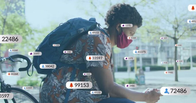 Using phone with social media notifications, person wearing mask in school