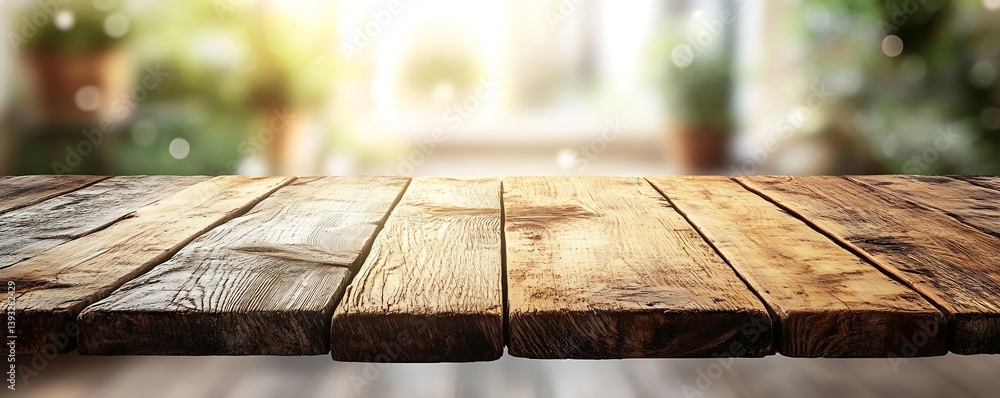 Fototapete rustic wooden table top with blurred green garden background perfect for product display and spring 
