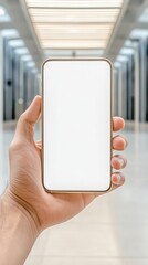 A close-up of a male hand holding a blank smartphone in a modern hallway with bright lighting.
