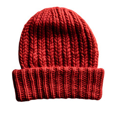 Chunky Knit Beanie in Vibrant Red Rolled at Edge Isolated on Transparent Background