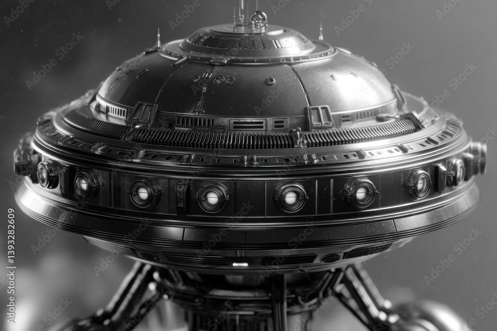 Poster close-up grayscale rendering of a futuristic flying saucer with intricate details, offering a glimps