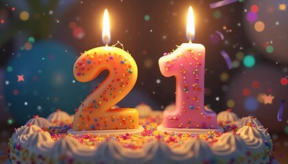 21st Birthday Celebration: A Festive Cake with Lit Number Candles, Colorful Sprinkles, and Party Decorations  
