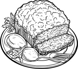 Meatloaf with Mashed Potatoes coloring book vector design, Meatloaf with Mashed Potatoes illustration art