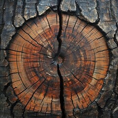 Close-up of a weathered tree stump, showing concentric growth rings and a crack