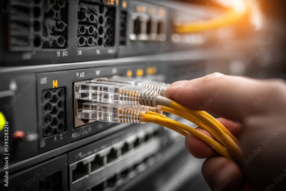 Aufkleber a technician's hand connects yellow ethernet cables to a server rack, emphasizing the critical role 