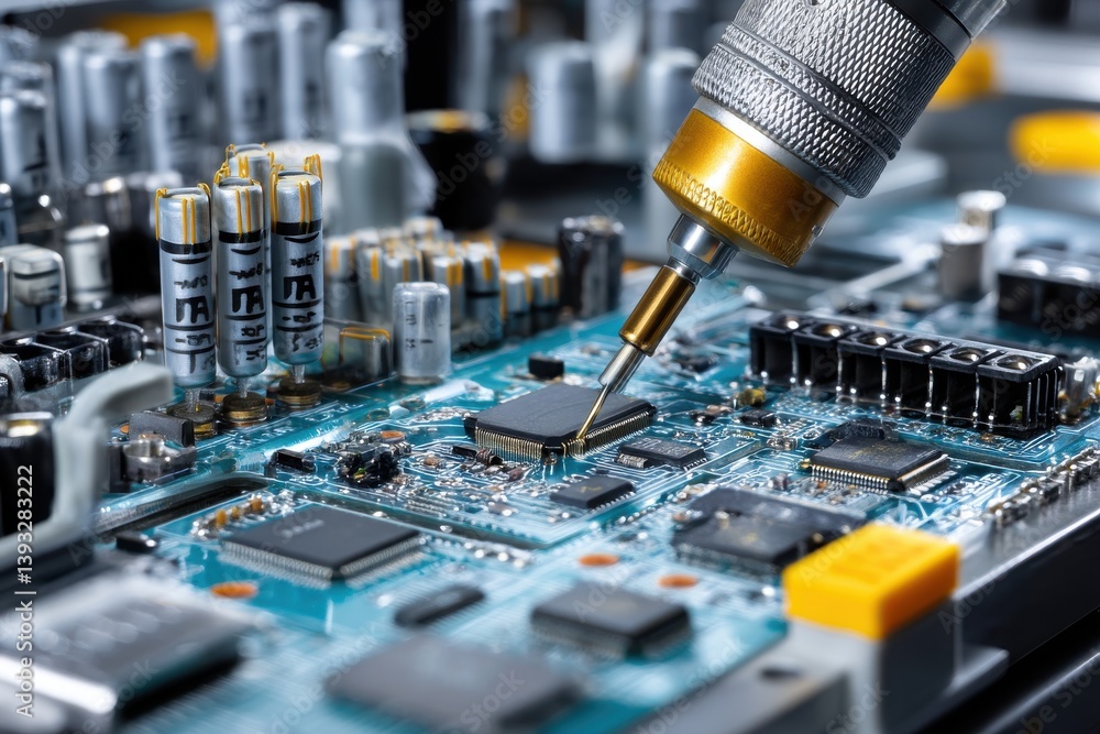 Poster close up on a circuit board being tested by probe, highlighting the intricate circuitry and the prec