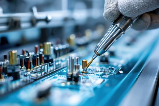 Close-up of a gloved technician soldering components onto a blue circuit board in a clean, modern electronics manufacturing environment, showcasing precision and skill.