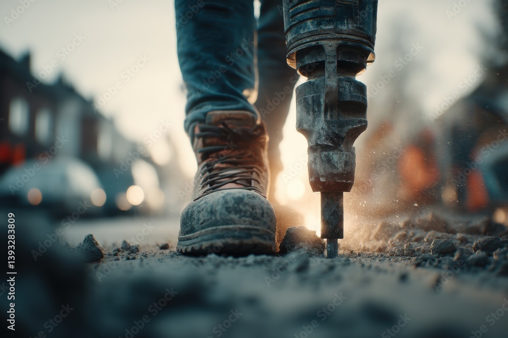 Poster a construction worker using a jackhammer on a city street, focused on the work boot and tool, illust
