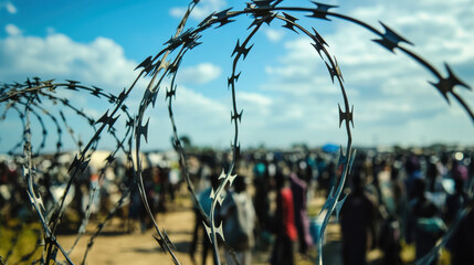 Barbed wire encircles a crowded area filled with individuals during a sunny day. Many people gather in the background, suggesting a situation of displacement or refuge