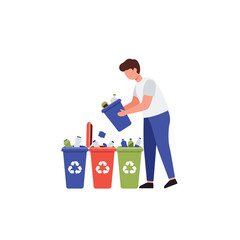 Person sorting recyclables into colored bins in flat vector art