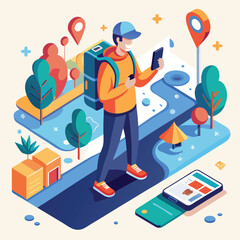 Vector cartoon illustration depicts business people, including a businessman with a smartphone, symbolizing modern work