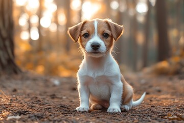 Adorable Jack Russell Puppy Sitting in Autumn Forest Cute Dog Portrait Golden Hour Light Canine Photography : Generative AI