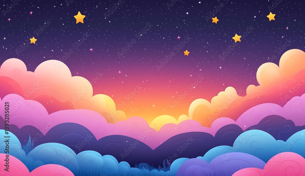 Poster Magical twilight view featuring clouds in hues of pink and blue with bright outshining stars : Generative AI