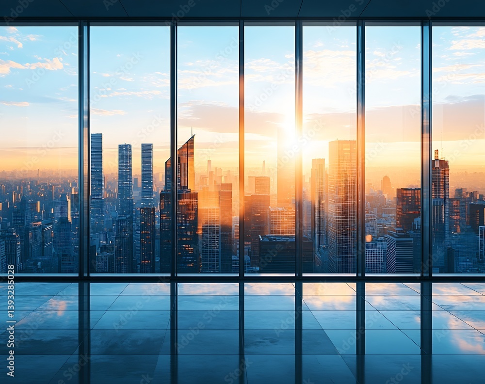 Poster city skyline sunrise from office window with reflective floor and modern architecture view : generat