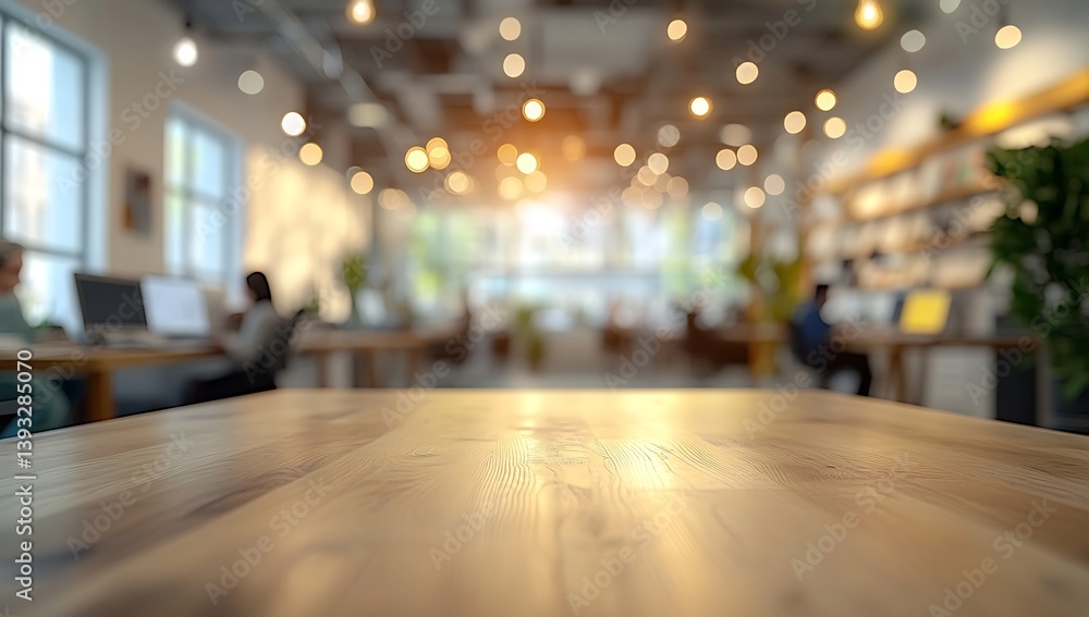 Poster Bright Open Office Space with Wood Table Bokeh Lights and Window Views for Teamwork and Creative Collaboration : Generative AI