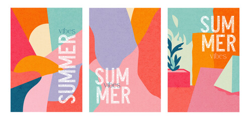 Summer cover set with liquid abstract shapes. Fluid juicy illustration, cover template, geometric art in pastel colors minimal style. Vintage vector packaging layout. Flowing forms with paper texture