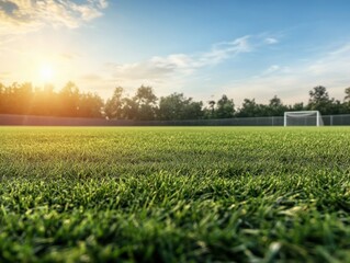 Sunset over a lush soccer field with vibrant grass and goalpost ready for evening games