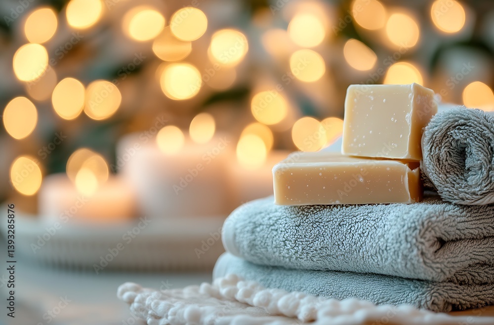 Leinwandbilder relaxing spa scene featuring soft towels and handmade soap with warm glowing lights : generative ai