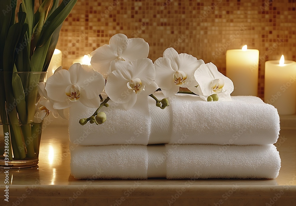 Poster luxurious spa scene with white orchids fluffy towels and candlelight for relaxation and wellbeing at