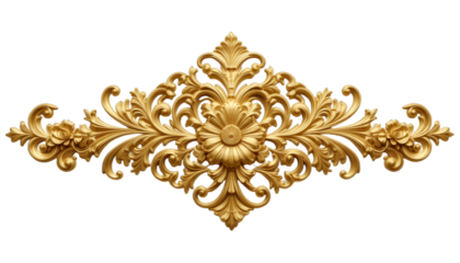 Elegant golden ornamental decorative element, golden baroque item on transparent background