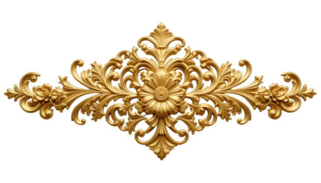 Elegant golden ornamental decorative element, golden baroque item on transparent background