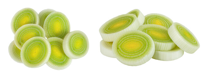 sliced Leek vegetable isolated on white background. Top view. Flat lay