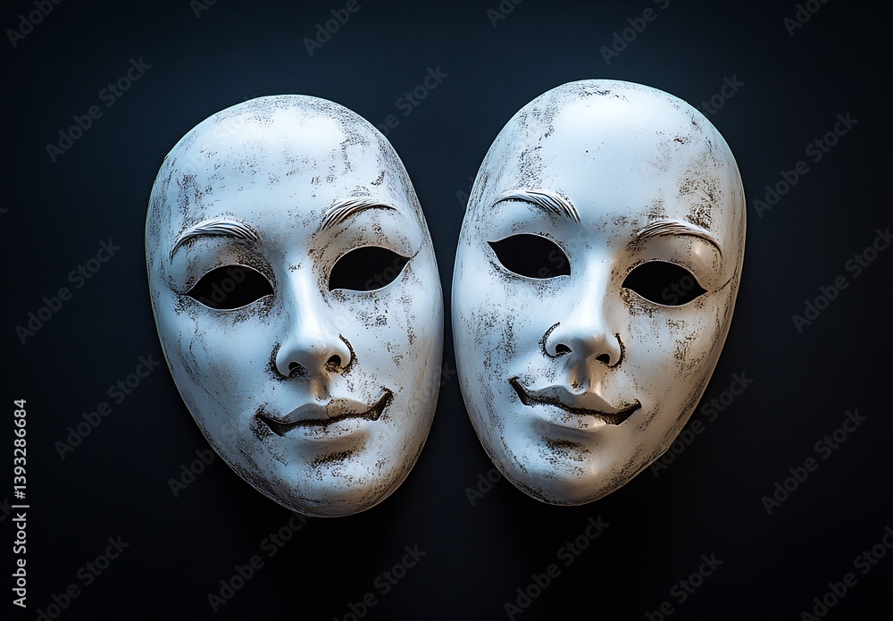 Poster Weathered artistic representation of two masks together signifying different emotional states on a dark background : Generative AI