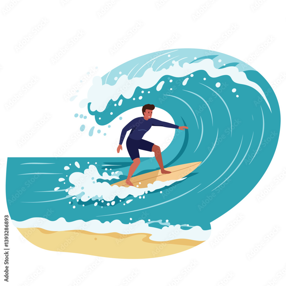 Poster surfer riding a wave in vibrant colors with flat design style vector art