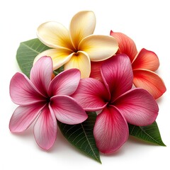 Fototapeta premium Closeup of Red Pink and Yellow Frangipani Flowers with Green Leaves Isolated on White Background Tropical Beauty and Fragrance : Generative AI