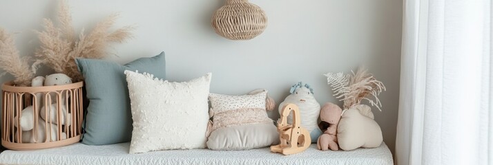 Cozy pastel nursery corner with wooden toys and plush pillows in a serene setting