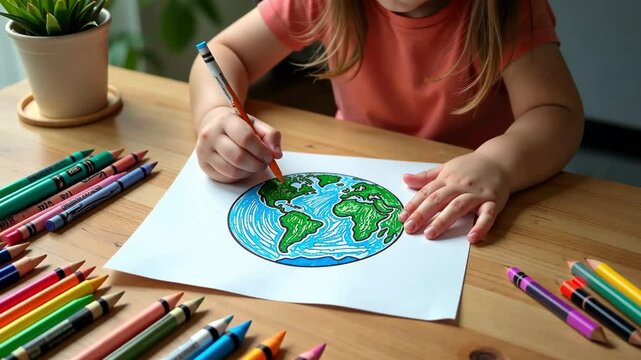 A young child draws a colorful globe, focusing on North and South America, while surrounded by crayons and a plant