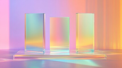 Three iridescent glass prisms on a platform, illuminated by colorful light.