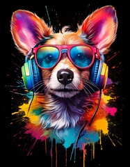 Colorful watercolor punk dog with sunglasses and headphones wallpaper