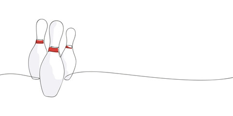 A simple continuous line drawing of three bowling pins with red stripes, created in a minimalist and modern artistic style.