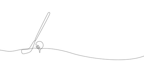 Minimalist continuous line drawing of a golf club about to hit a golf ball on a tee, representing precision and elegance in sports.