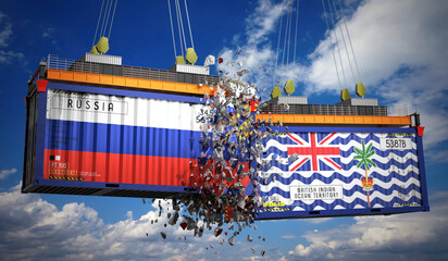 Cargo containers with flags of Russia and British Indian Ocean Territory - 3D illustration