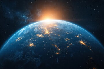 Earth from space at sunrise, city lights