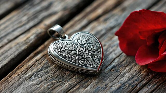 A close-up of a heart-shaped locket on a wooden surface