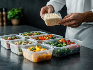 Meal prep process showcasing colorful vegetable and grain containers organized on a kitchen counter during afternoon hours