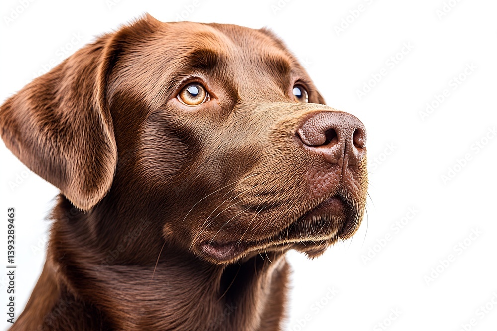Poster majestic chocolate labrador retriever portrait with a clean white background looking upwards with be