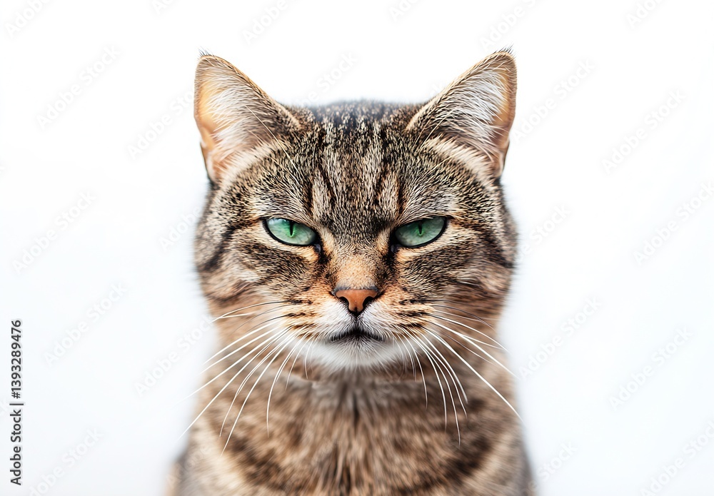 Poster elegant close up of a focused tabby cat showcasing striking green eyes in bright light setting : gen